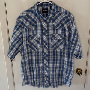 Wrangler blue white plaid short sleeve western button down shirt Size XXL
